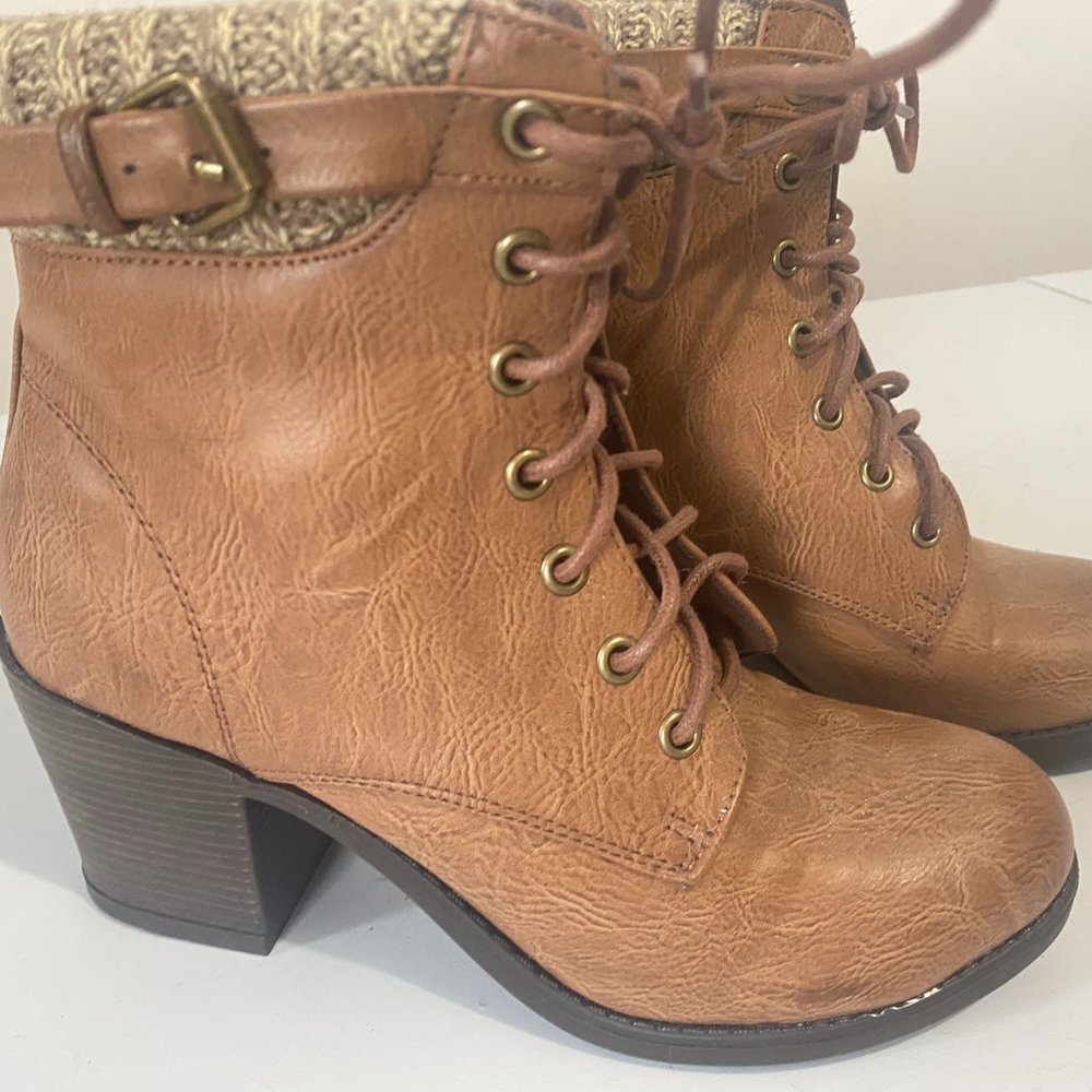 NEW Mia Brienne Brown Cognac Heeled Hiking Ankle Booties Women's Size 8M